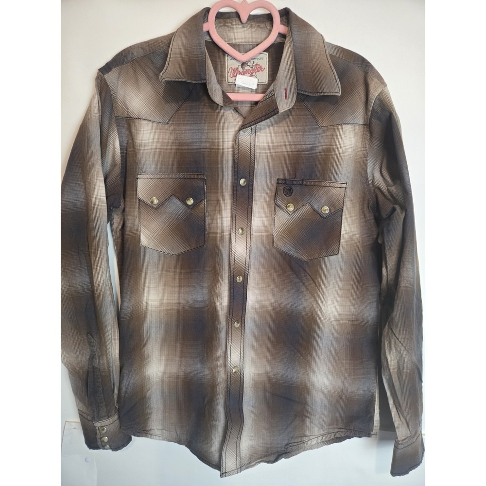 Vintage Y2k Wrangler western Pearl snap shirt sz Sm Plaid Brown Check Cowboy